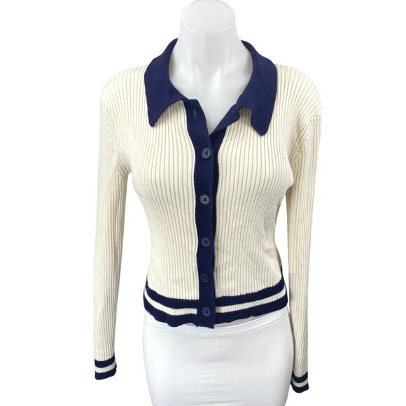 Anthropologie Cream Rib Knit Collar Button Down Long Sleeve Polo Sweater Top XS - Picture 1 of 4